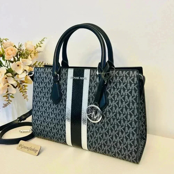 Michael Kors Purse Medium Sheila Signature Logo and Metallic Satchel Black - Picture 2 of 11